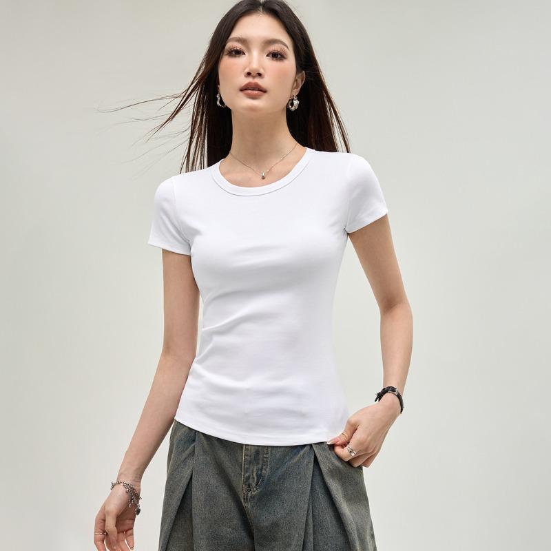 Front Shoulder Short-sleeved Shirt Women's Spring and Summer New Solid Color Versatile Simple Round Neck Slim-fitting Inner Top