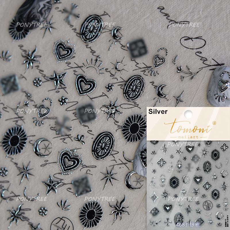 Retro Gold Silver Star Sun Moon Flower Gothic Love Geometric Shapes Starburst Nail Art Stickers Manicure Decals Decoration