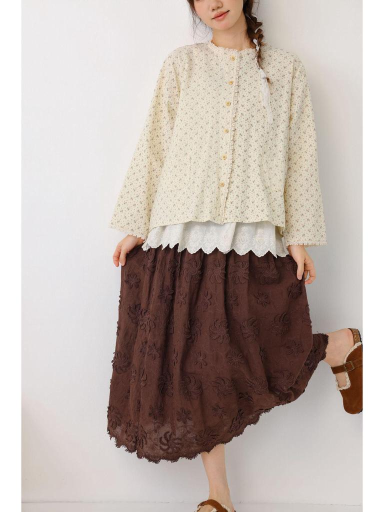 Saia Midi Bordada com Flores 3D Estilo Mori Girl com Forro – Casual & Versátil