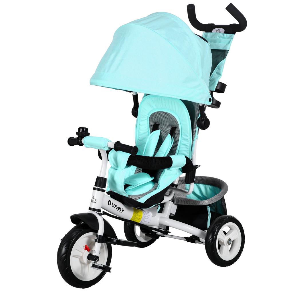 Baby Tricycle, 12+ Months, Telescopic Push Handle, Mom Bag, Bottle Holder, Mint Green