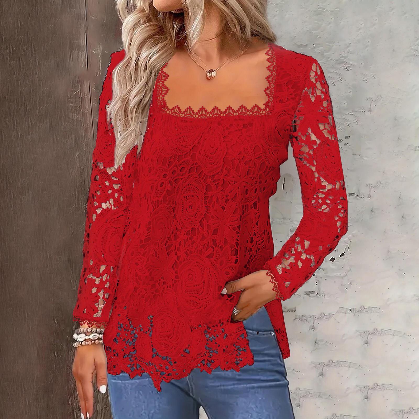 

Женский модный однотонный кружевной топ с квадратным вырезом и кружевными длинными рукавами XXL винный