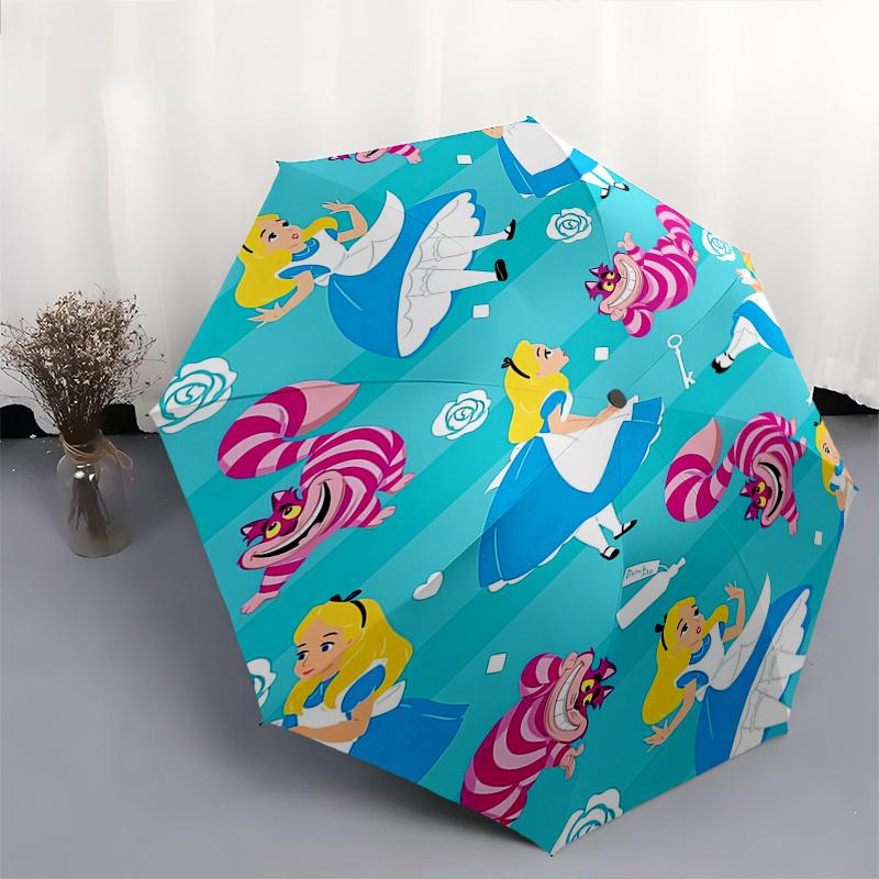 Alice,Wonderland,Cheshire Cat Theme Automatic Compact Folding Cute Umbrella - Portable and Durable, 8-Bone Iron Umbrella for All Weather0707