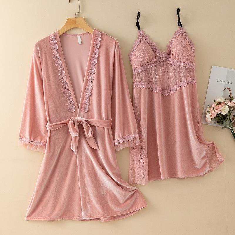 New Autumn Velvet Pajamas Two-piece Robe Set Feminine Lace See-through Robe Bathrobe Casual Velvet Home Clothes