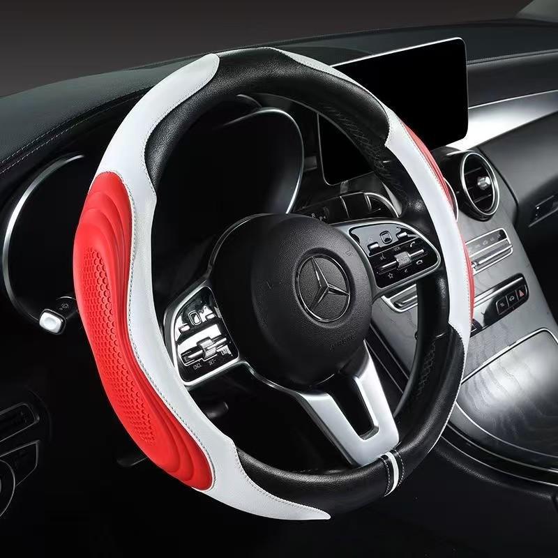 Patchwork Leather Steering Wheel Cover with Massage Grip for All Seasons