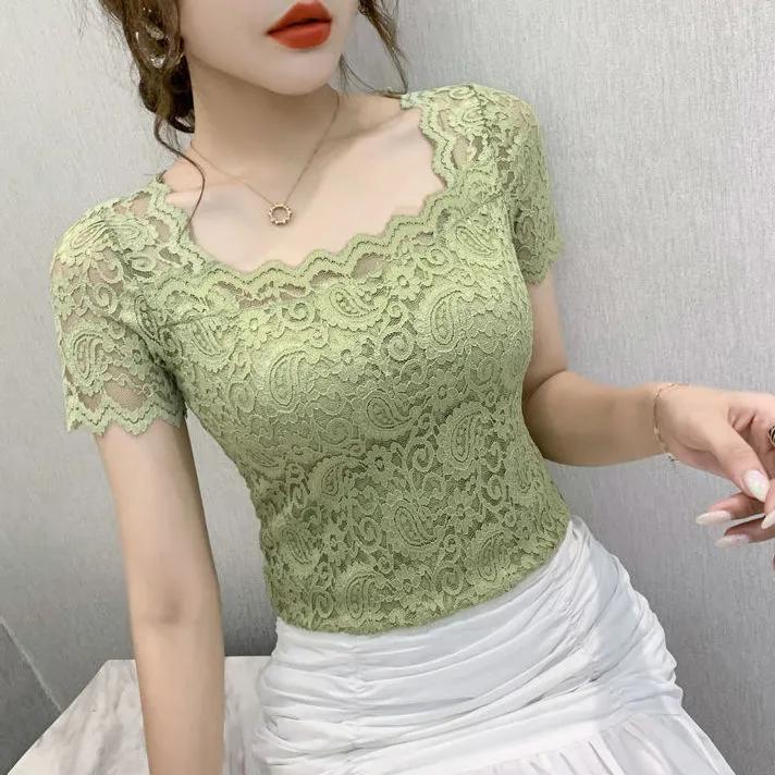 

Women Summer Lace Blouse Short-Sleeved Square Collar Solid Cutout Shirts XXS