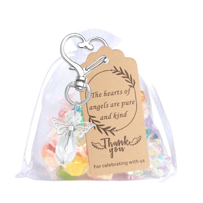 30Pcs Angel Wing Charm Keychain Decorative Key Holder with Drawstring Gauze Bag and Labels for Baby Showers Wedding