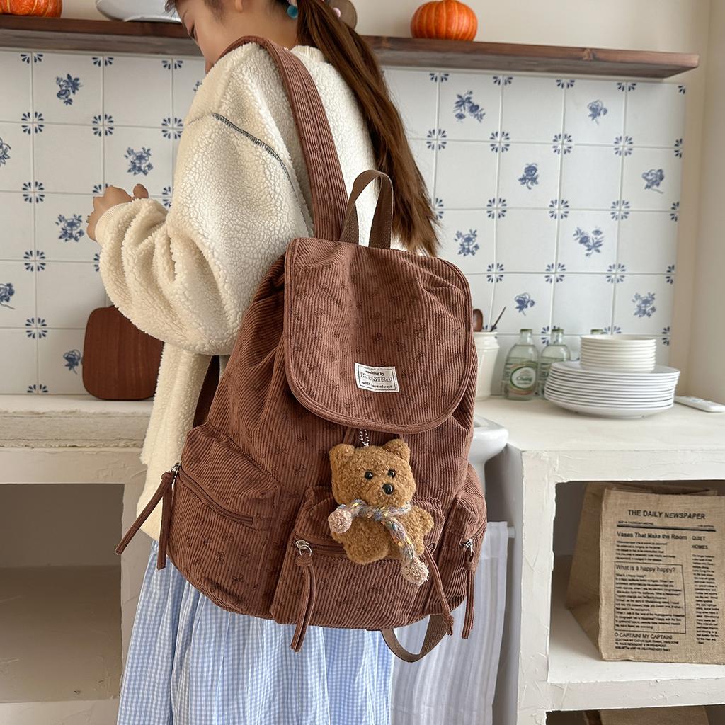 Schoolbag Sweet Bow Fashion School Bag Female College Student Class Commuter Backpack Winter New Cute Corduroy Backpack