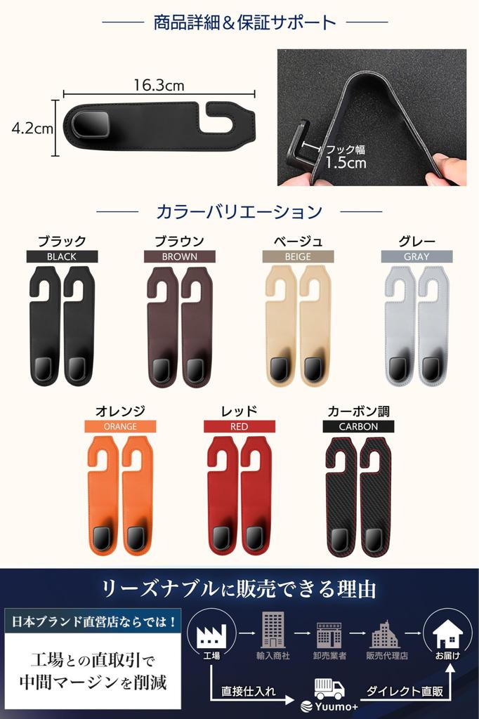 Yuumo+ Car Hooks, Headrest, Luggage Hanger, Car Supplies, Convenient Goods, PU Leather, Set of 2, Brown