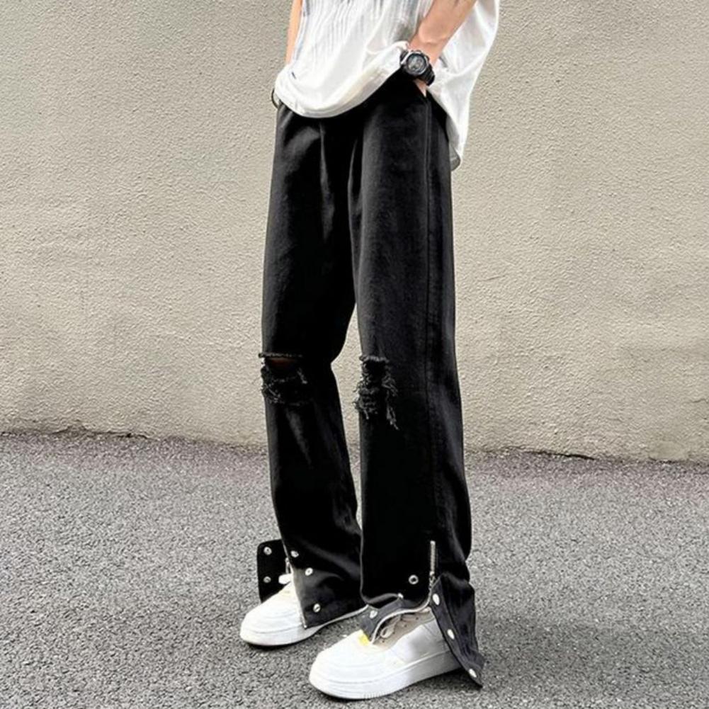 Men Summer Jeans Mid-rise Button-Zipper Fly Single Color Denim Pants Ripped Holes Side Split Cuffs High Street Style Wide Leg Jea B Practical Use