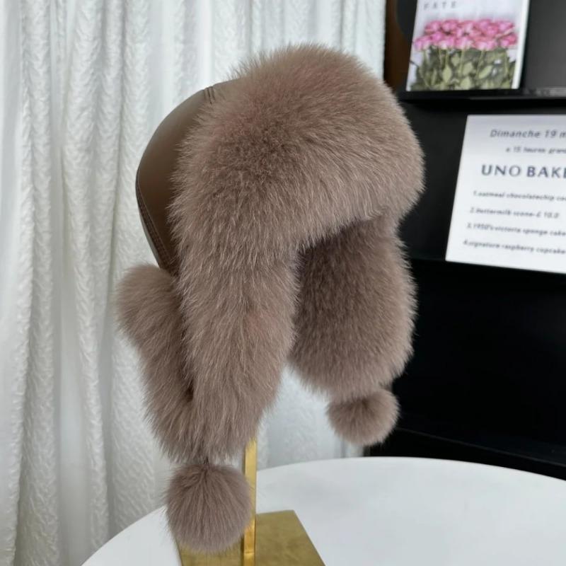 

Женская шапка-ушанка из лисьего меха, защищающая уши, модная, роскошная шапка-бомбер из натурального лисьего меха, зимняя уличная шапка из мягкой овчины для девочек 53cm-60cm света кофе
