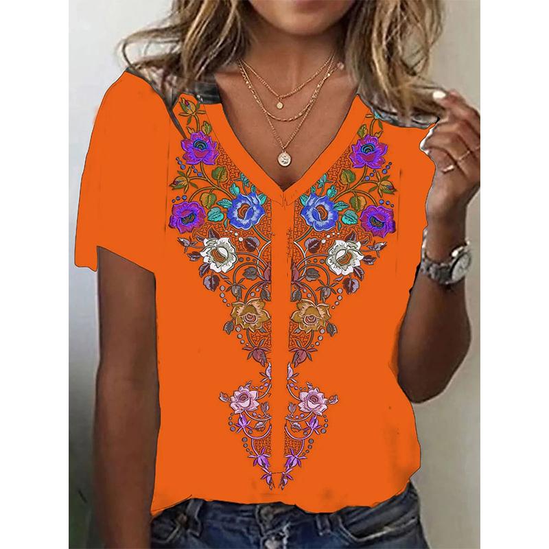 

Women T-shirt Bohemian Ethnic Floral 3D Print Vintage Y2k Top Streetwear Harajuku T Shirts V-Neck Tees Female Clothing S