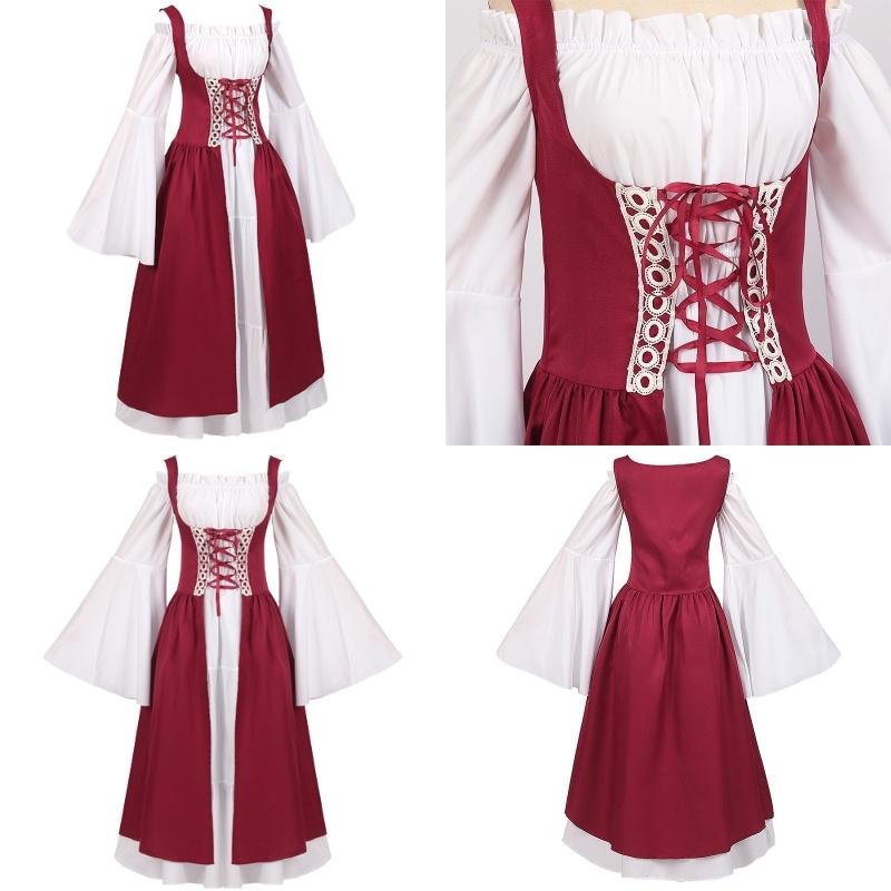 Medieval Women Victorian Long Red White Dress High Waist Design Parties Cosplay