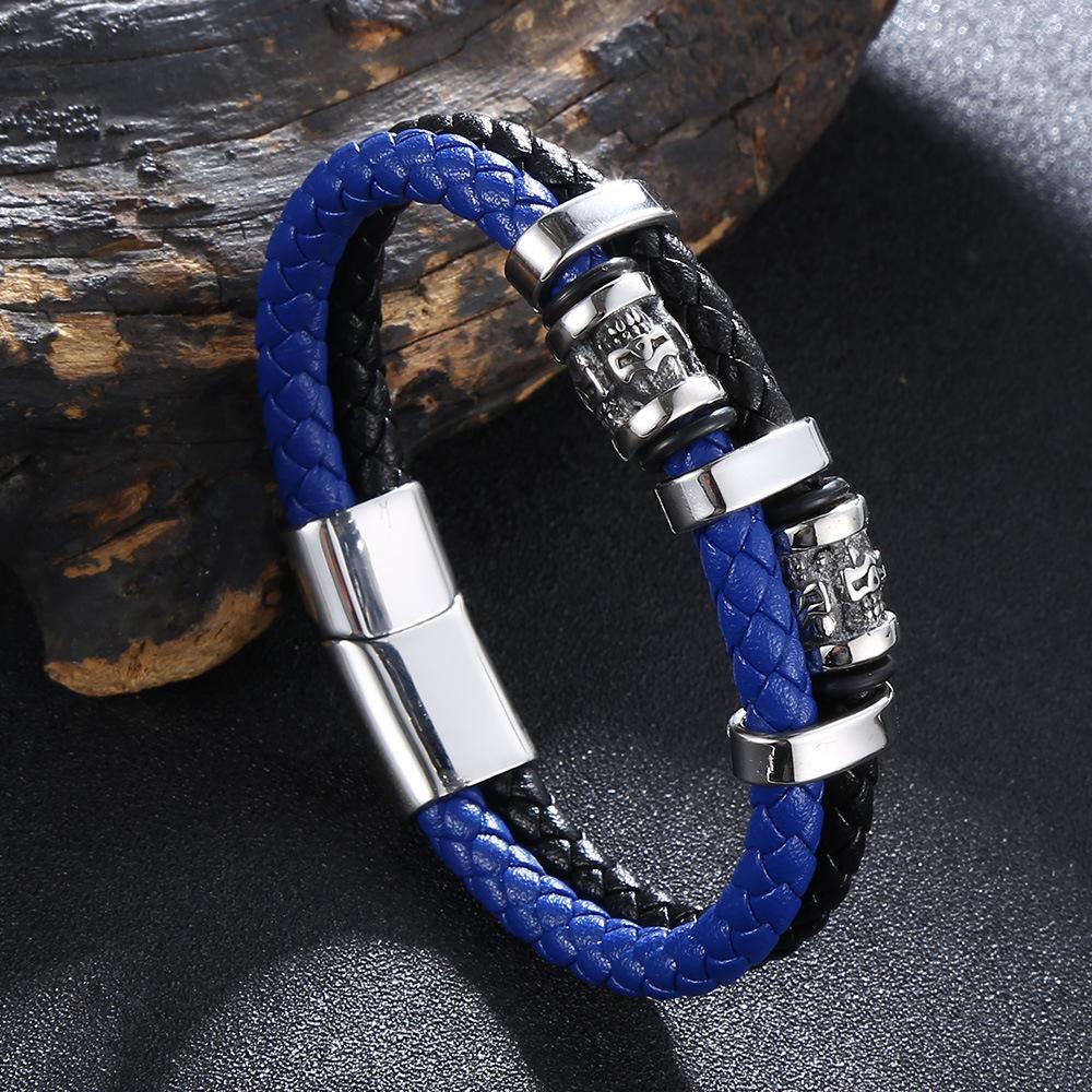 Vintage Skull Multilayer Genuine Leather Bracelet Men Stainless Steel Norse Runes Bangle Jewelry