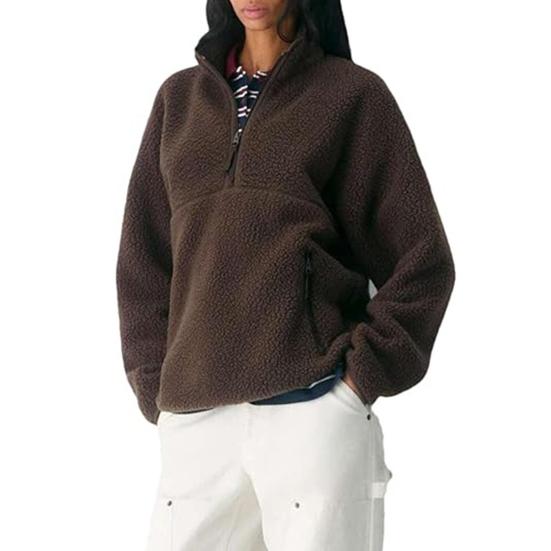 Damen Half-Zip Pullover Fleecejacke Langarm Stehkragen Sherpa Sweatshirt mit Taschen Herbst Flauschige Warme Oberbekleidung