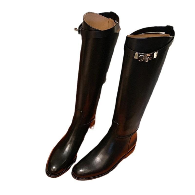 Cowhide Version~ Autumn and Winter New Pointed Thick Heel Knight Boots Commuting Medium and High Boots Women