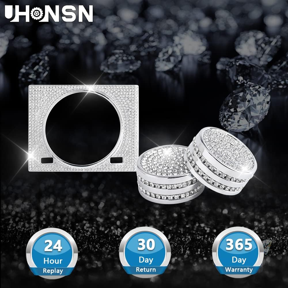 UHONSN 3Pcs Car Interior Accessories for Lexus RX Bling Volume Knob Cap Clock Frame Cover Sticker Decoration Parts Decals Women Men Silver Crystal