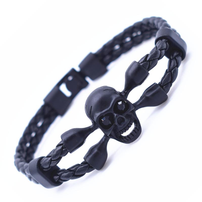

Vintage Black Skeleton Skull Charm Bracelets Bangles Hand Woven Rope Leather Bracelet Men Friendship Jewelry Wholesale