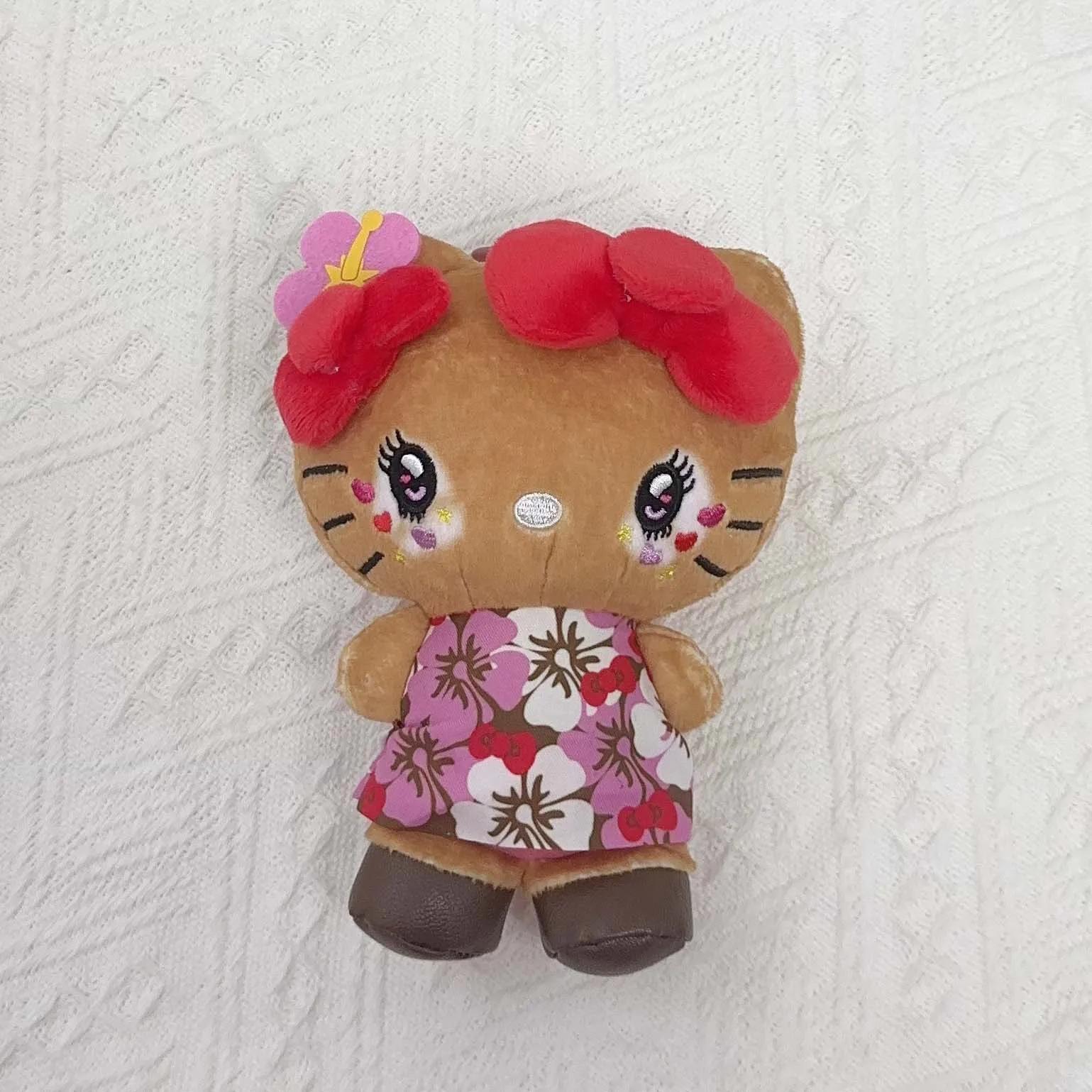Tan Hello Kitty Plush Keychain Cute Floral Uniform Cat Doll Pendant Gift 14cm