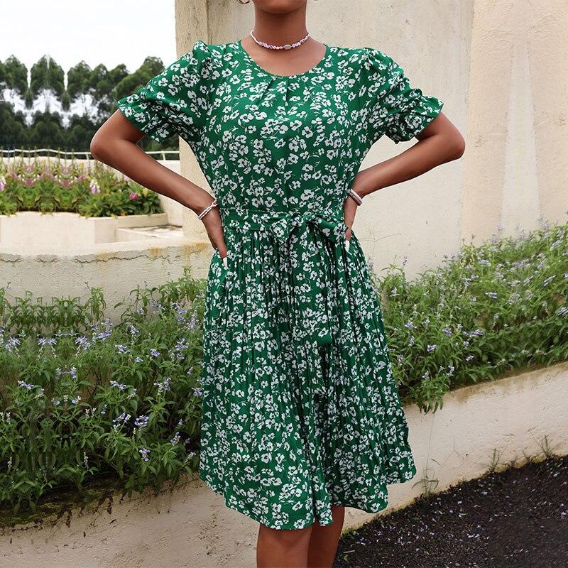 Fashion Flower Printed Dress Summer Belt Lace-Up Green Dress Casual Folds O-neck Pleated Dress Vestidos De Mujer Elegantes 26013