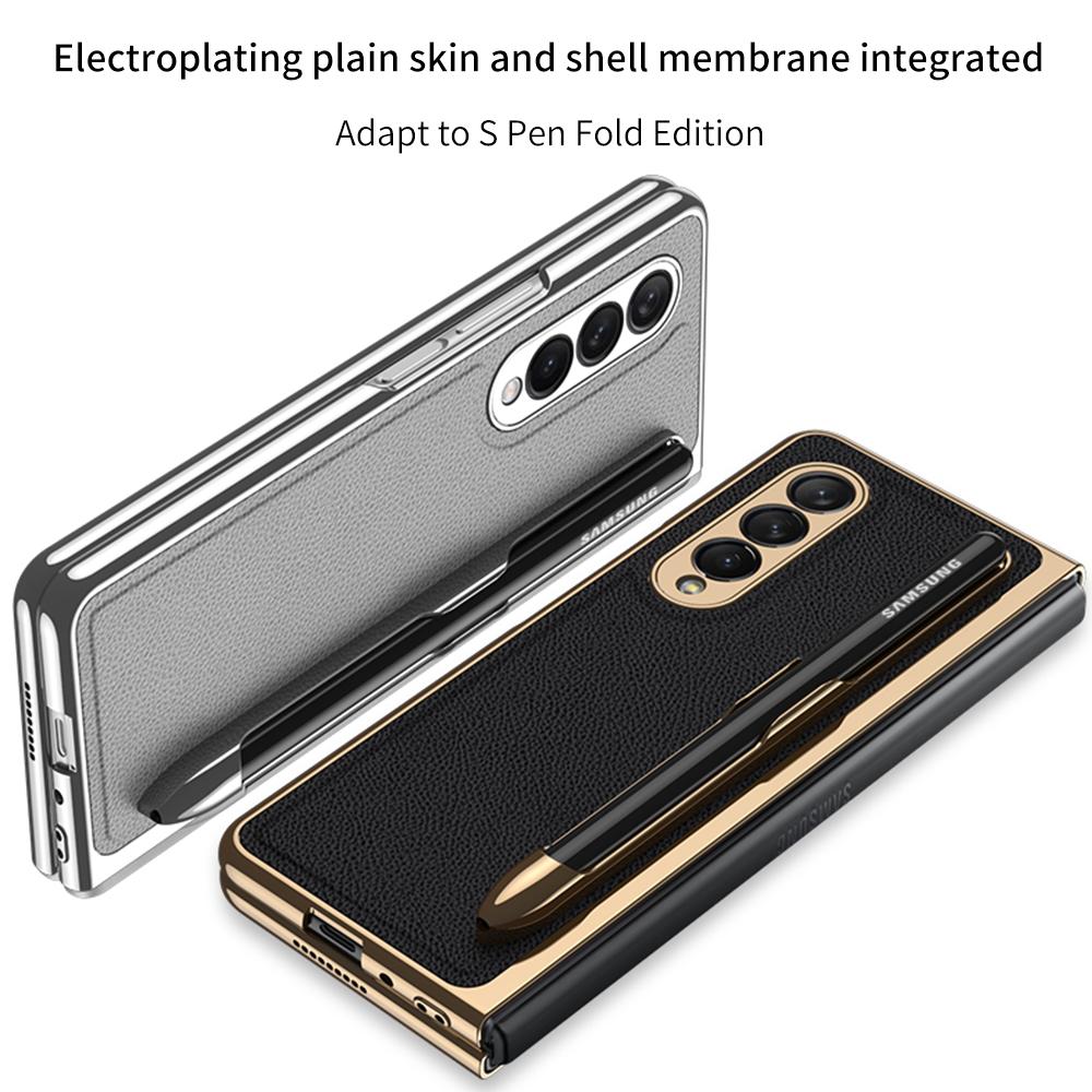 Husă cu Suport S Pen Pentru Samsung Galaxy Z Fold 3 5g Carcase Shell Folie Integrată Galvanizare Piele Simplă Slot pentru Stilou Z Fold3