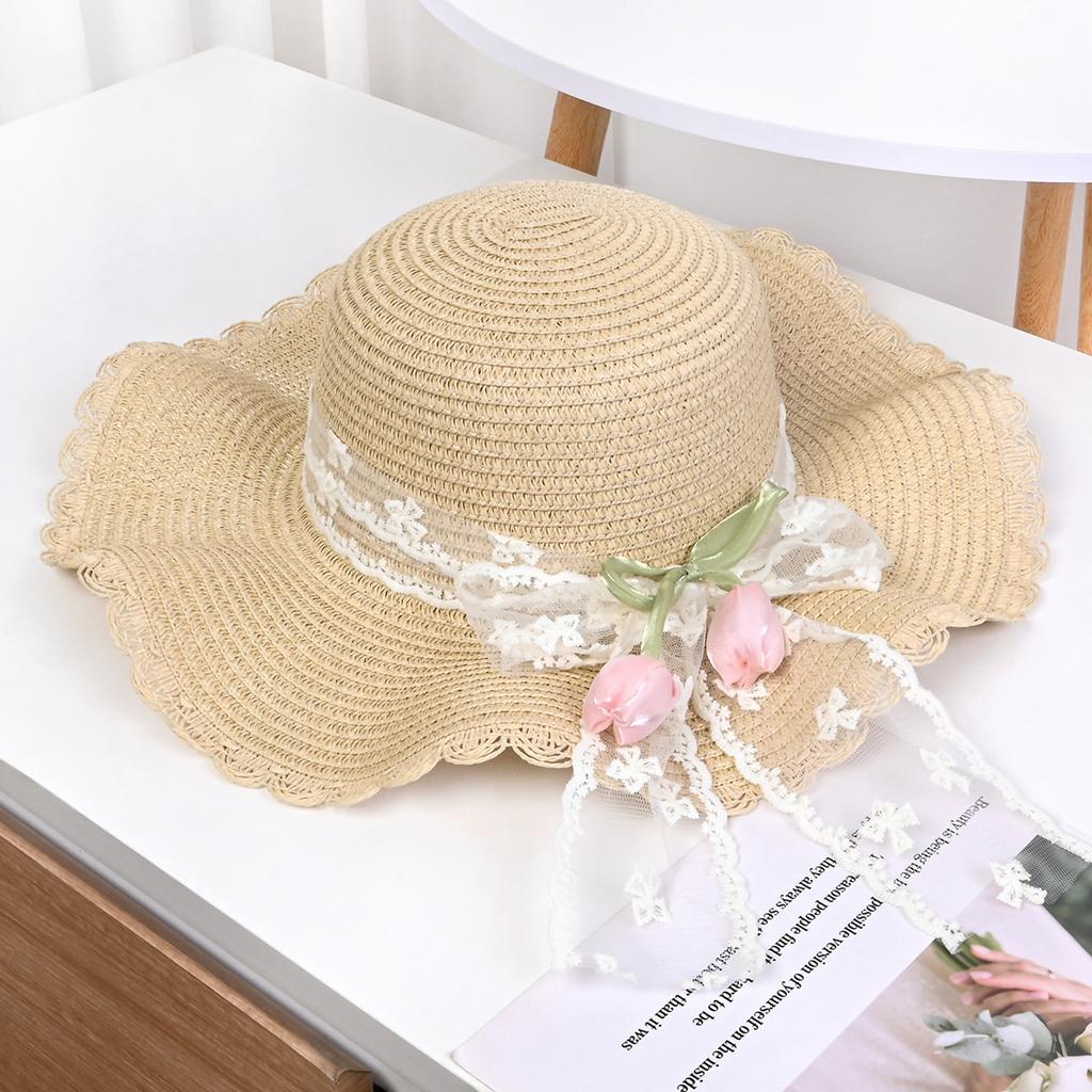 Lace Bow Straw Hat Women's Summer French Large Brim Sunscreen Hat Seaside Beach Vacation Sun Hat