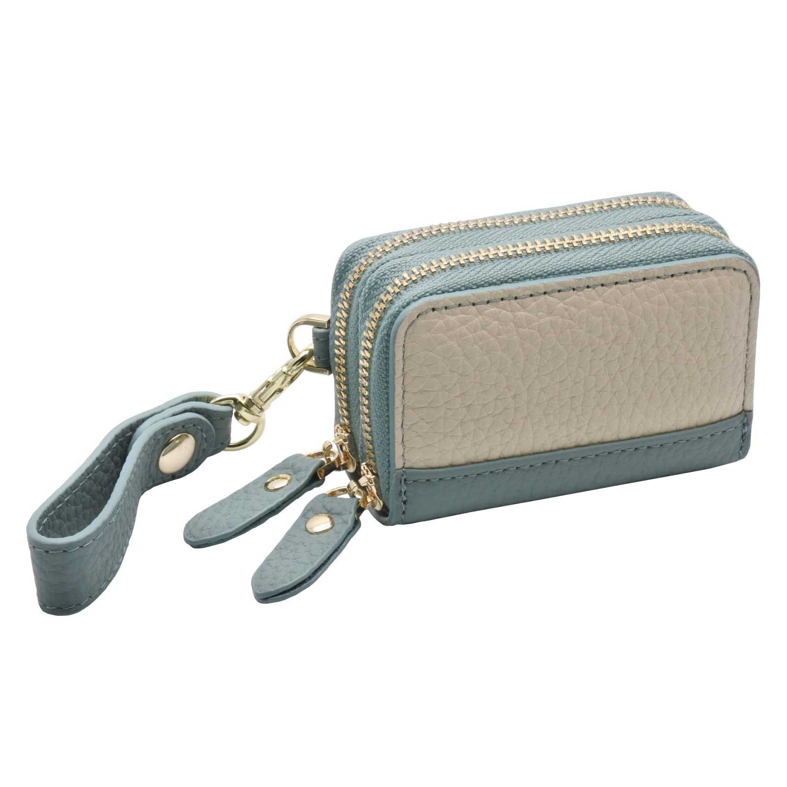 

Two-Key Smart Key Case with Strap, Women s (Ivory and Blue) Genuine Leather, Two-Tone Double, Cute, Muted Color, Grained Leather, Zipper, Smart Key