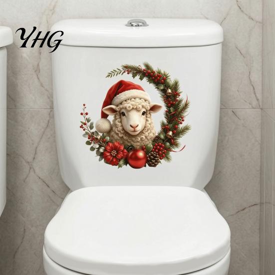 Cute Holiday Toilet Seat Art Christmas Sheep Stickers, Self-Adhesive Lamb Lid Decals, Waterproof Bathroom Wall Stickers Xmas Decor for Tank Tile Home