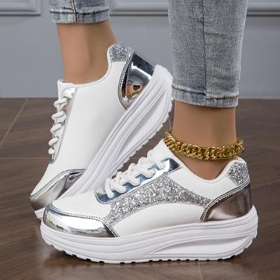 Casual Platform Shoes for Women Silver Glitter Sequin Chunky Sneakers Girls Elevated Thick Soled Shoes