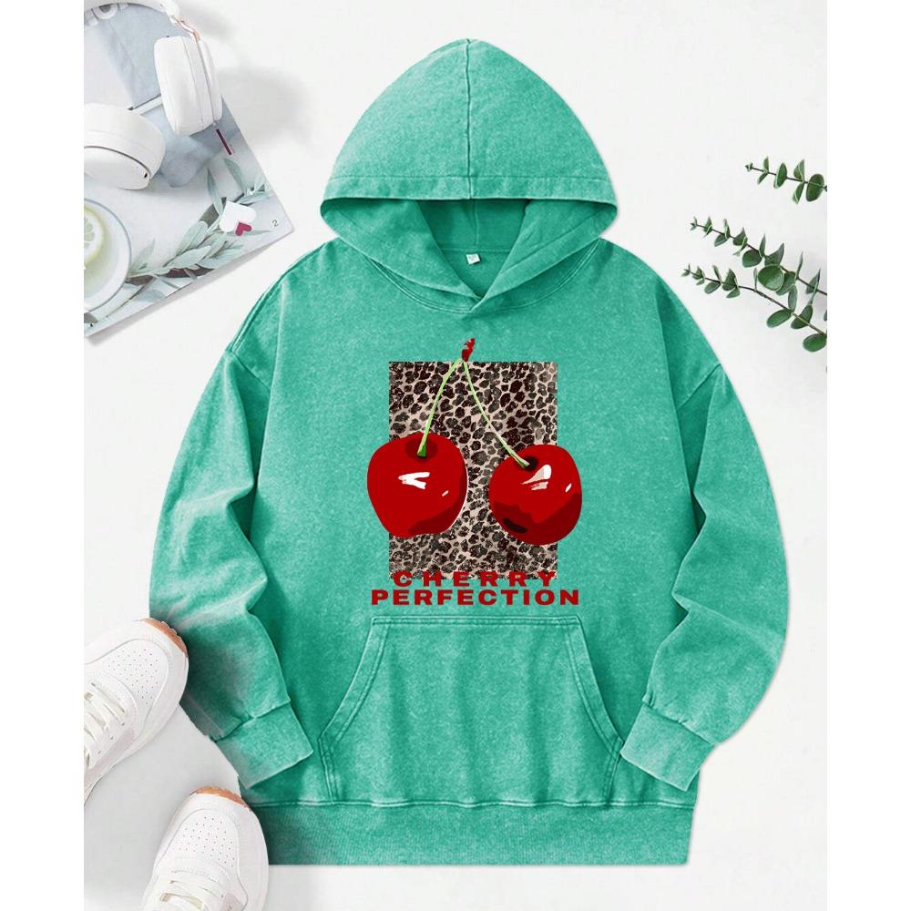 Fashion Leopard And Cherry Perfection Print Women Washed Hoodies Multicolor Hoody Loose Streetwear  Womenwear