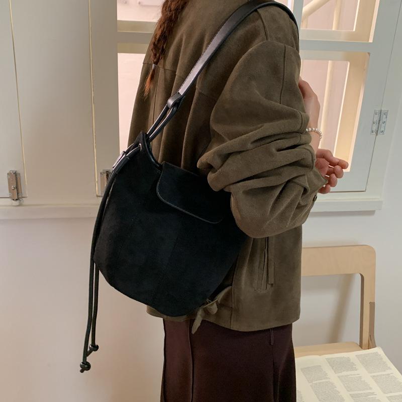 PU Suede Bucket Bag Women's Crossbody Shoulder Tote with Drawstring Closure Fashion Mini Handbag