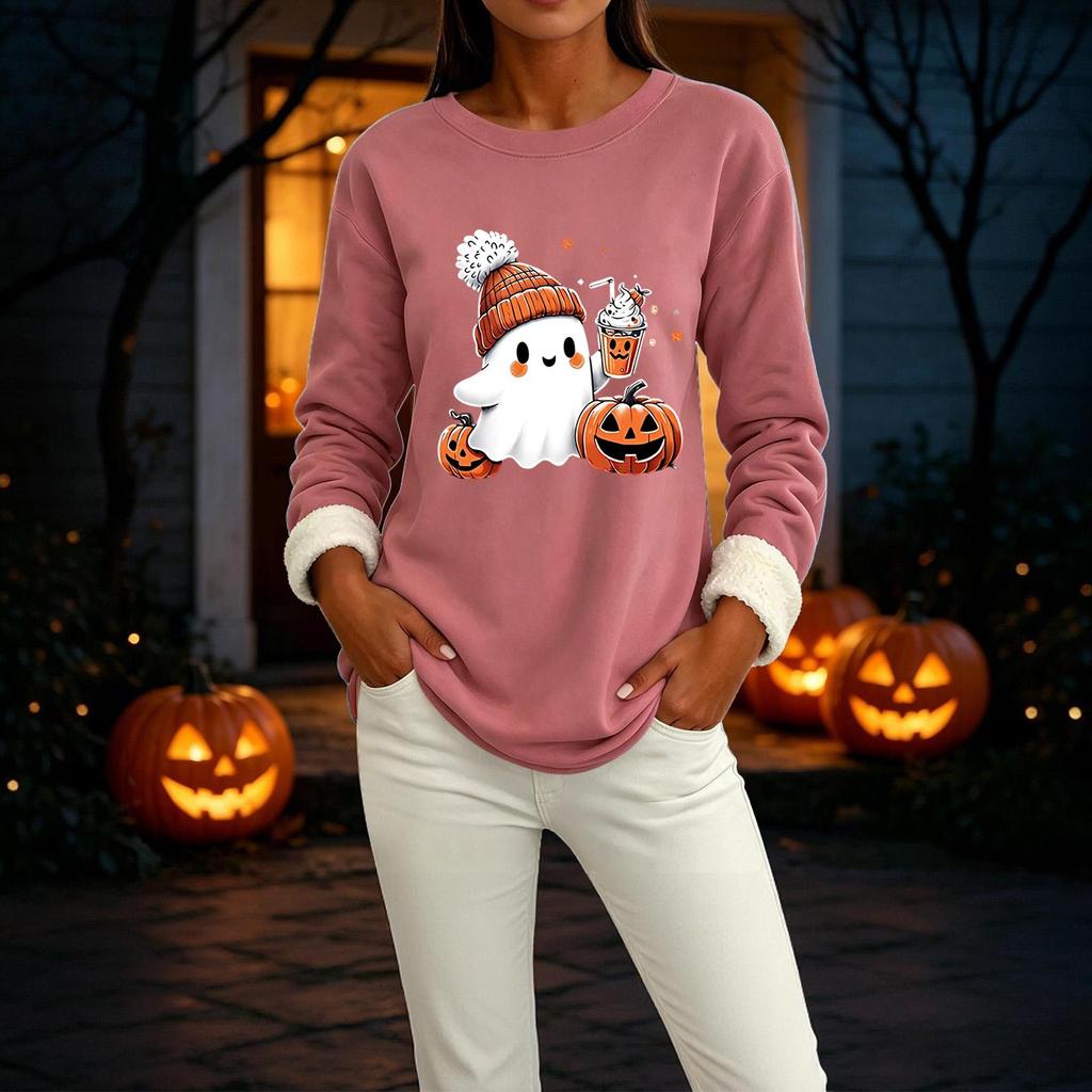 Women's -Lined Long Sleeve Round Neck Sweatshirt with Halloween Print for Winter Casual Wear