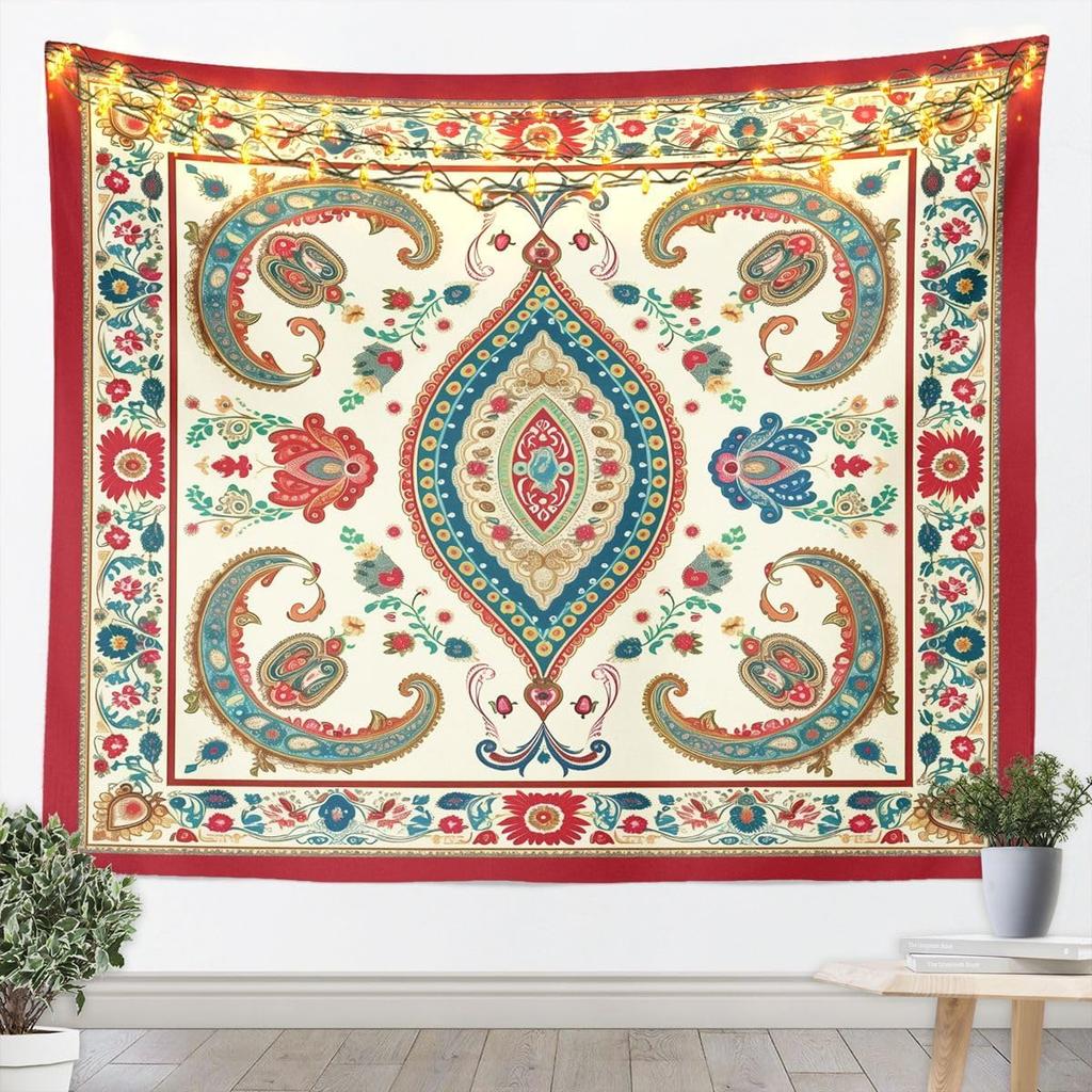 Floral Wall Hanging Bohemian Vintage Lace Damask Art Tapestry Beige Blue Flowers Orange Plaid Microfiber Polyester Tapestries