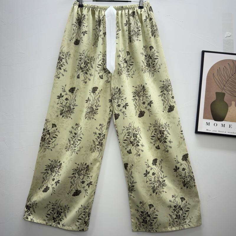 Damen-Blumen-Baumwoll-Seiden-Pyjama - Große Größen, Sommer, Leicht, Für draußen, Gerades Bein, Lockerer Schnitt