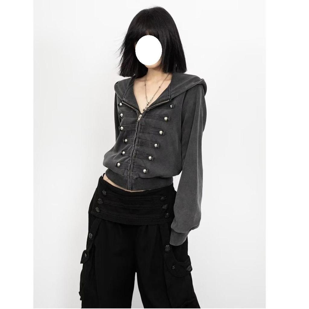Women's Autumn Distressed Hooded Retro Cardigan - Versatile, Trendy Court Style Jacket