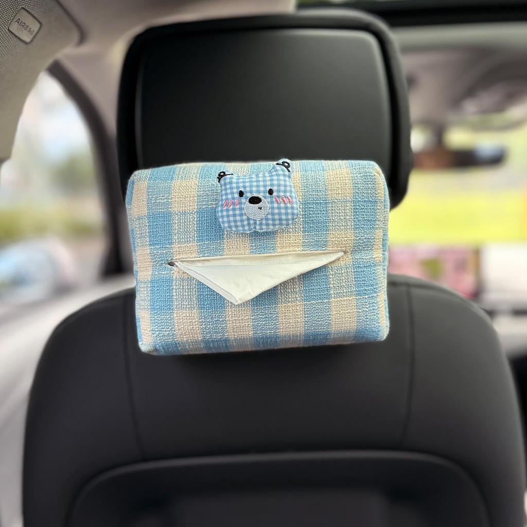 Cartoon Bear & Bunny Plaid Tissue Box for Car Seat Back, Armrest, or Sun Visor