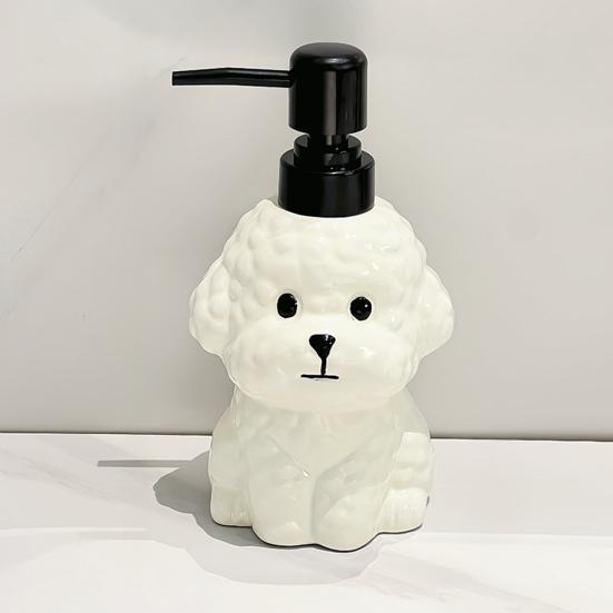Dispensador de Sabão para Cães em Cerâmica de 400ML com Bomba Plástica, Recipiente Reabastecível em Formato de Filhote para Sabonete Líquido de Mãos, Frasco Vazio para Gel de Banho e Loção para Banheiro