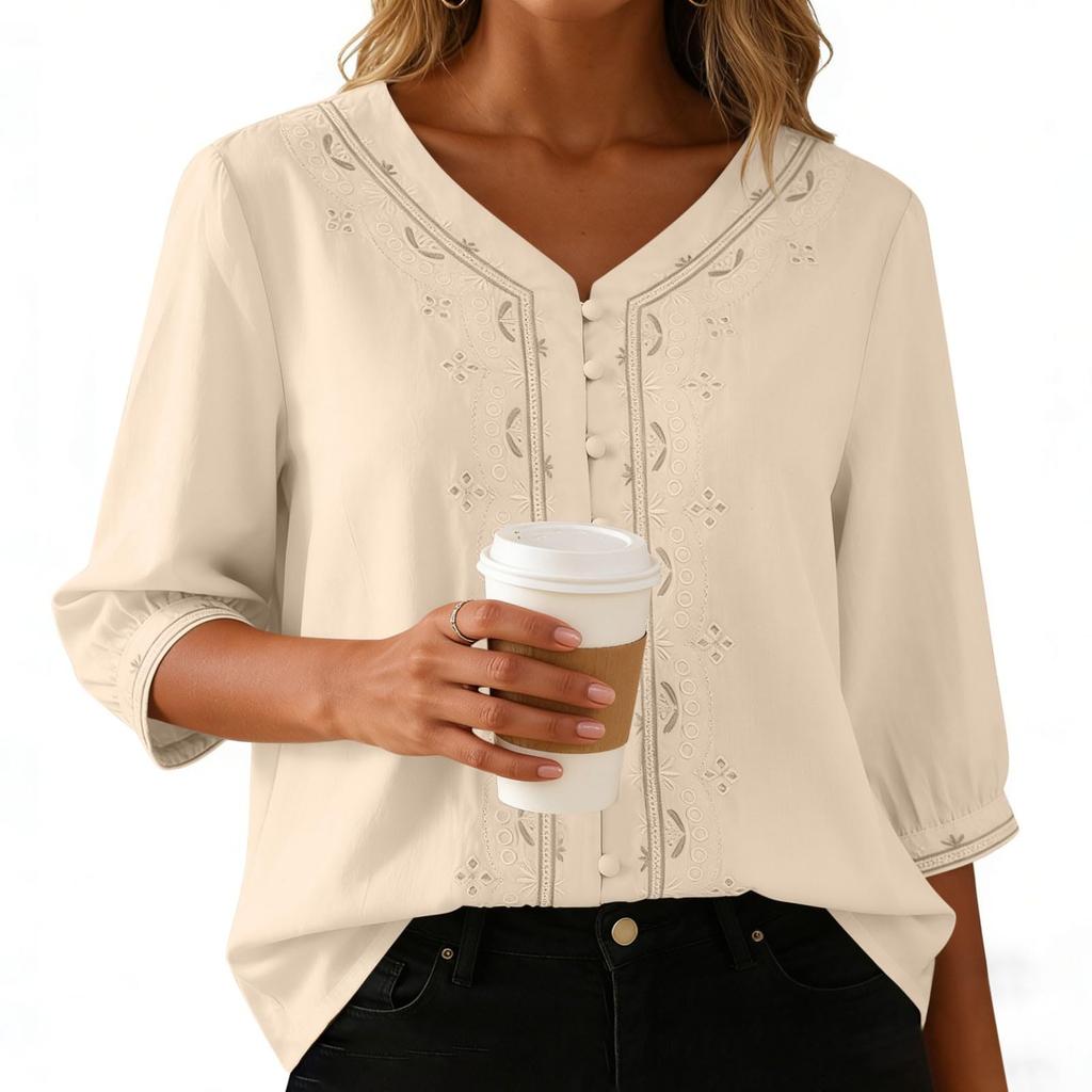 Hauts pour femmes en coton et lin Hauts Rétro à Boutons Chinois Manches 3/4 Col en V Chemises