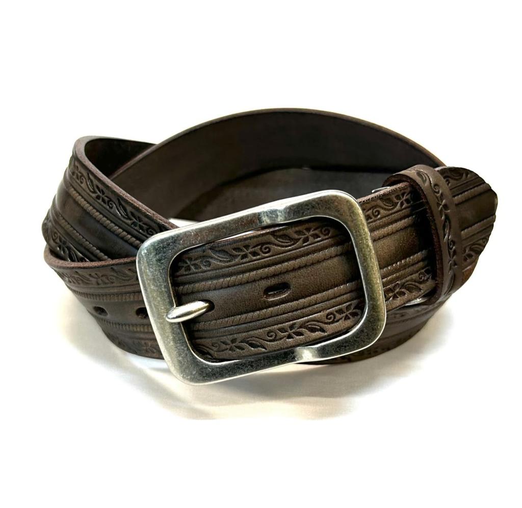 (Tochigi Leather) Tochigi Leather Belt for Men, Genuine Leather, Cowhide, Vegetable-Tanned Leather, Floral Pattern, Made with Tochigi Leather Co.,