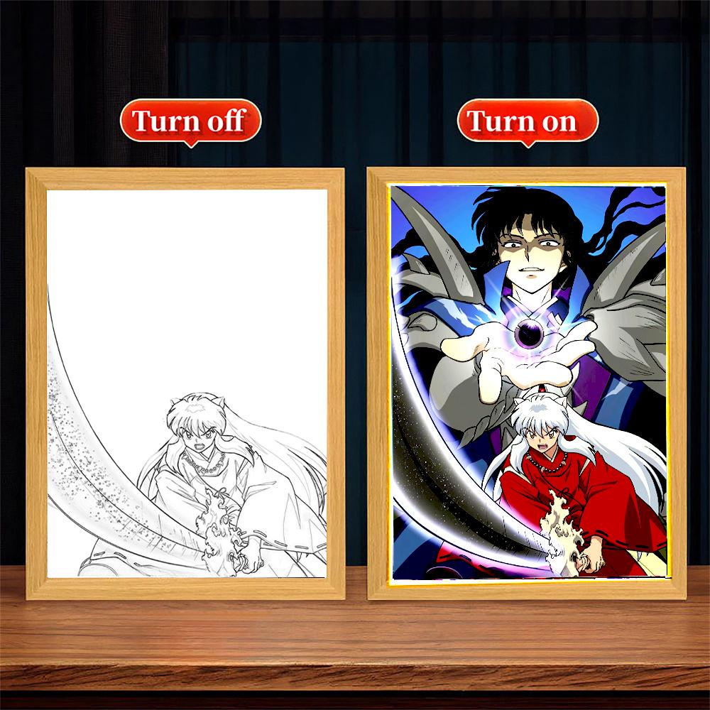 Light Painting Photo Frame Night Light Anime Figure Inuyasha Home Room Decor Office Decoration Bedroom Friends Gifts Moon Lamp