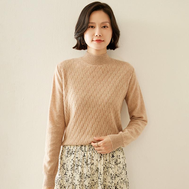 Women's Cashmere Half-High Collar Loose Knit Sweater - Autumn Winter Long Sleeve Pullover