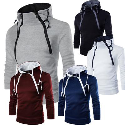 Spring Autumn Pullover Men Winter Fashion Double Zipper Placket Contrasting Color Hooded European Size Fleece Hoodie