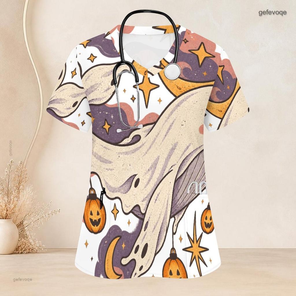 Women Plus Size Halloween Ghost Pumpkin Printed Scrub Top V Neck Short Sleeve With Front Pockets