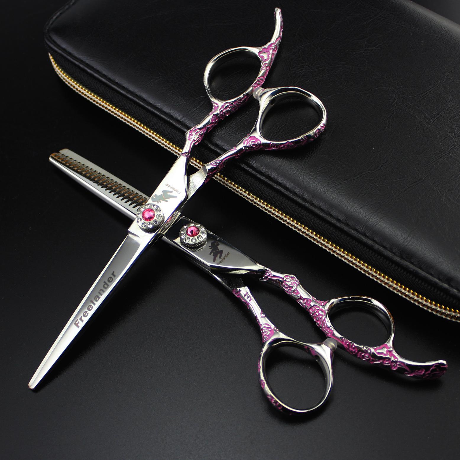 6.0  Pink Plum Blossom Hairdressing & Barber Scissors Set: Straight & Thinning Shears Pink Flower Handle Straight Scissors