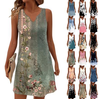 Women Summer Dresses V-Neck Print Sleeveless Sundress Casual Dress