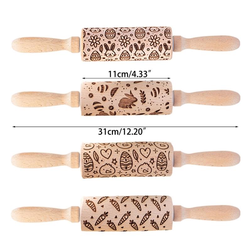 Easter Pattern Rolling Pin Rabbits Carrot Engraved Solid Wood Embossed Cookie Rolling Pin Pastry Dough Flour Roller