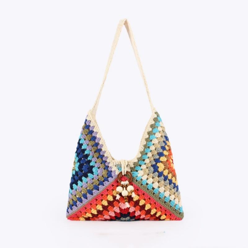

2026 New Colorful Ethnic Style Cotton Thread Weaving Bag Ladies Beach Vacation Style Shoulder Bag Casual Versatile Handbags