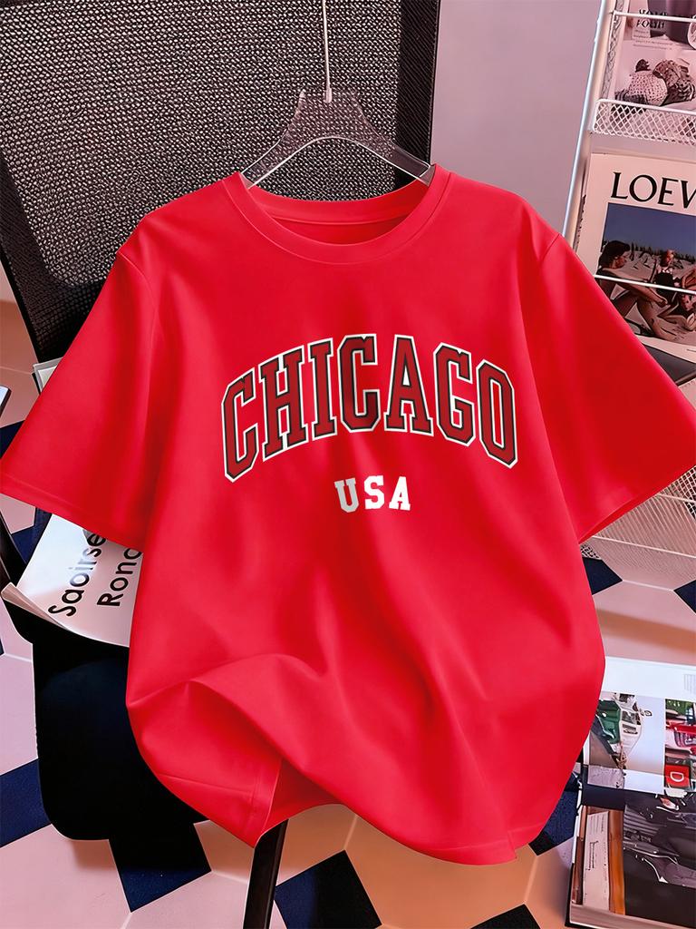 Chicago Usa Letter Printing TShirt Women Summer Short Sleeve Tops Comfortable Soft ONeck T Shirt Casual Womans Clothes