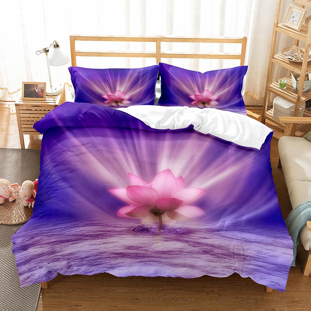 Lotus Flower Duvet Cover Set Lotus Leaf Pattern Polyester Quilt Cover King Full Size For Kids Teens Bedding Set With Pillowcase