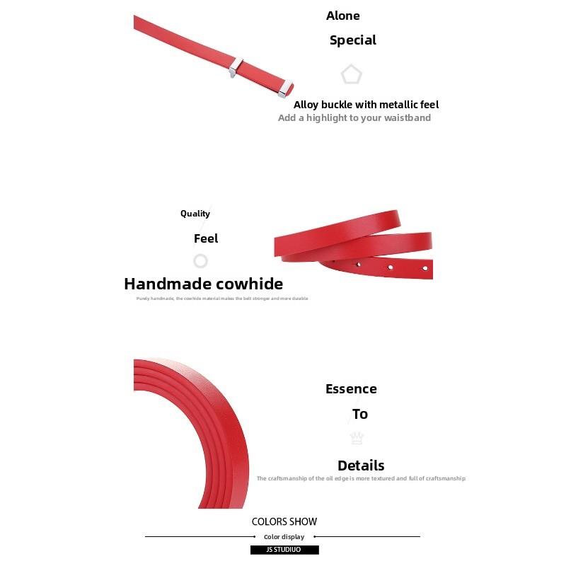 Meier Black and red small belt, women's trendy thin waist belt, first-layer cowhide women's belt