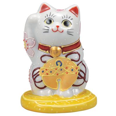 Kutani-Keramik, die mit der rechten Pfote auf einem goldenen Size und einer Glücksglocke symbolisiert, dass sie geschäftlichen Wohlstand und Glück bringt Maneki-neko (winkende Katze) Figur,